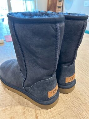UGG Navy Blue Suede Short Boot with Chestnut Heel Patch